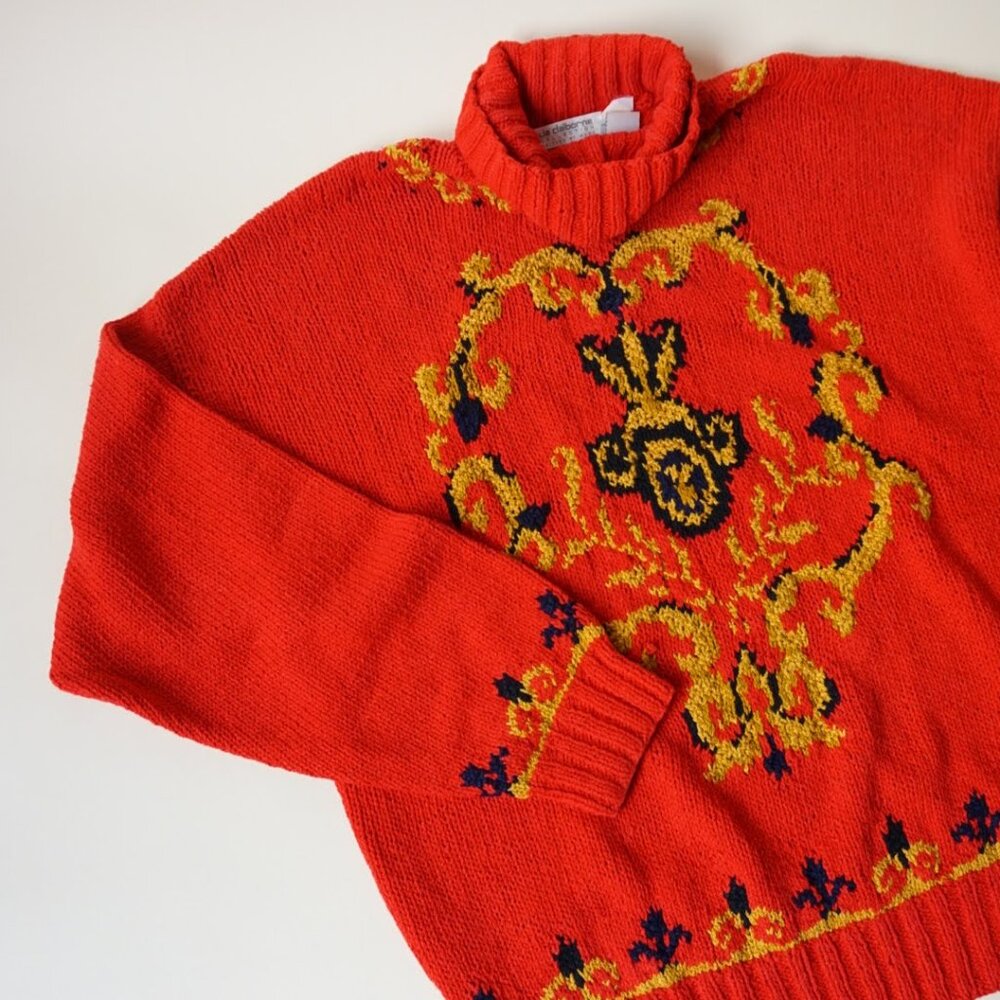 Vintage Liz Claiborne Collection Silk Baroque Scroll Motif Knit Sweater - Size L